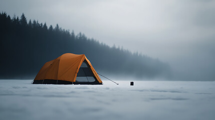 A lone tent stands out against a misty, snow-covered landscape, offering warmth and shelter amid the tranquil yet haunting winter scene. Adventure beckons under the soft glow.