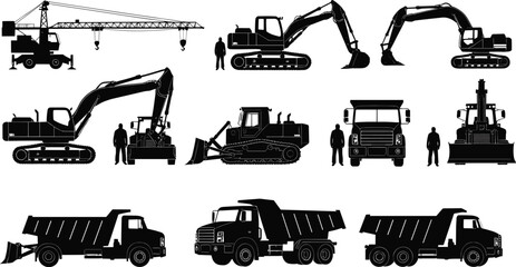 Collection Of Black Silhouettes Of Construction Vehicles And Workers truck excavator © Creatives Mind