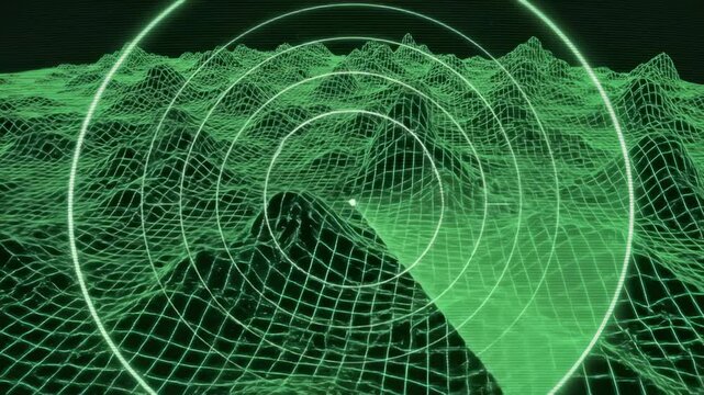 Radar Scanning Green Wireframe Landscape for Targets and Data