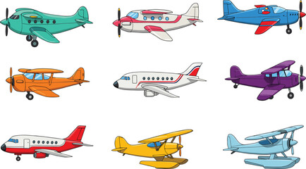 Collection of nine colorful cartoon airplanes and seaplanes in various designs aircraft aviation © Creatives Mind
