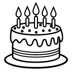 A black and white line drawing of a round cake with frosting, five lit candles, and small dots representing sprinkles on top.