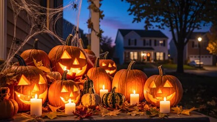 Festive Halloween pumpkin display with carved jack o lanterns and lit candles on porch step against neighborhood background