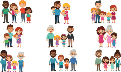 Diverse Cartoon Families of Various Sizes and Compositions Keywords: family, diverse, people, parents, children, babies
