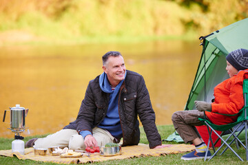 Lake, camping or father with boy for cooking of healthy food, vacation or nature trip for family bonding. Ingredients, outdoor or happy man with child for meal prep together, smile or winter holiday