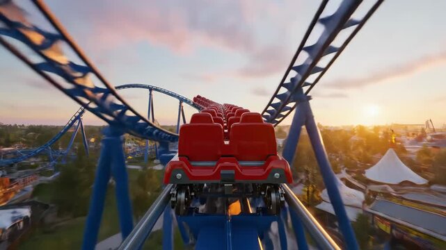 Empty red seats on a roller coaster track at an amusement park. Thrill ride adventure journey experience. Theme park entertainment concept.