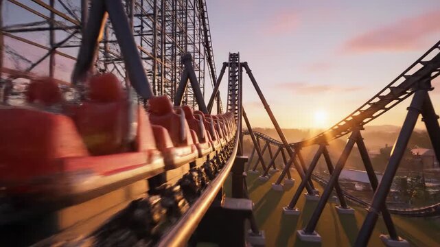 Orange roller coaster car on track against sunset sky. Amusement park thrill ride for entertainment and vacation fun.