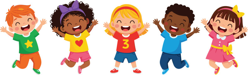 Five diverse children jumping with joy and excitement on a white background Keywords: children, kids, diverse children