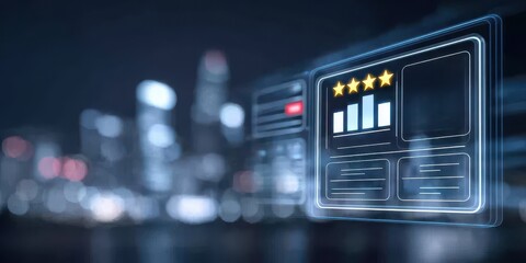 Obraz premium Local business marketing dashboard displaying star review feedback system, holographic neon city, futuristic interface