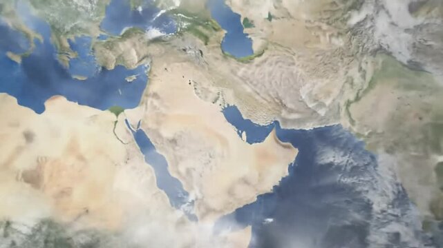 Rotating globe view showcasing the Middle East region with detailed landforms and oceanic bodies in high-definition.