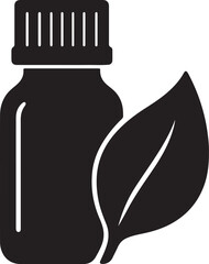 Herbal essential oil bottle with leaf icon, natural wellness.