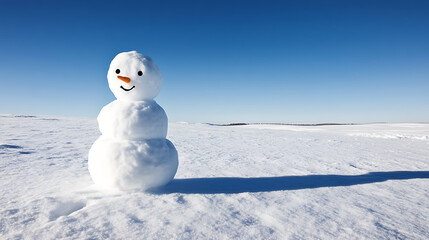 A cheerful snowman stands against a backdrop of a clear blue winter sky, casting a long shadow on the snow-covered ground. Snowy winter scene with a homemade snowman.