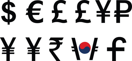 Row of Currency Symbols Including Dollar, Euro, Pound, Yen, Rupee, Won, and Franc money finance