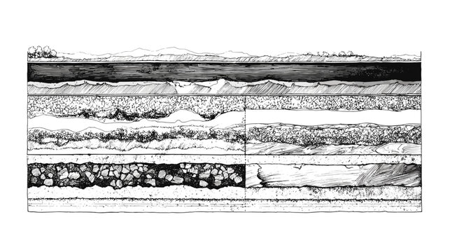 Black and white line drawing of a cross section view trough different types of soil layers in the ground for cad architecture