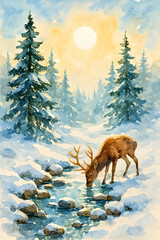 Winter Pine Valley with Antlered Deer Watercolor Landscape
