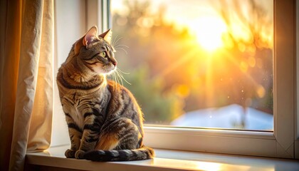 National Cat Lovers’ Month Cute tabby cat enjoying the morning sun streaming through the window in a cozy, relaxed interior setting, soft focus bokeh background.