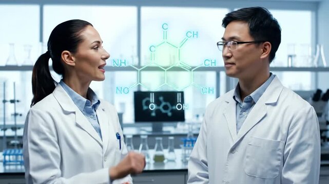 Asian man and caucasian woman scientist discussing research. Diverse team of innovators collaborating in modern science laboratory