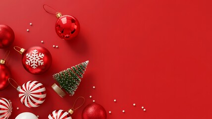 Christmas festive background with assorted red and white holiday ornaments, including baubles, miniature Christmas tree, and scattered snow-like elements on a bright red backdrop with copy space