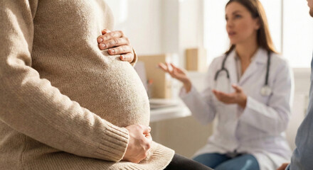 Pregnant Woman Holding Belly While Doctor Consults Husband in Background