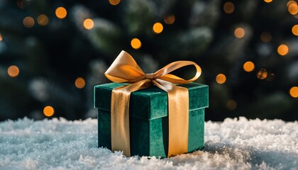 Luxurious emerald green christmas gift box with a shimmering golden bow, sitting elegantly on a bed of fresh white snow, illuminated by festive bokeh lights