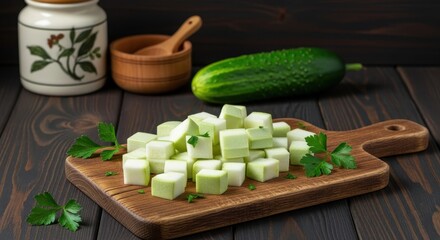 Fresh cucumber cubes neatly arranged on a wooden cutting board with parsley garnish