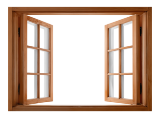 Traditional wooden double window with open glass panes, isolated on transparent background