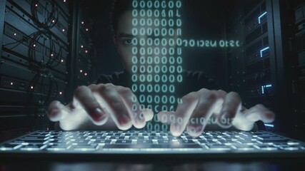 Young man hacking in a server room with falling binary code overlay. IT security specialist or cybercriminal working late. - Powered by Adobe