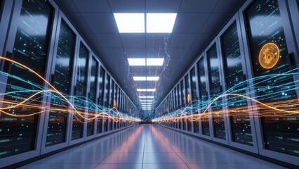 Futuristic data center server room with glowing data streams and modern technology