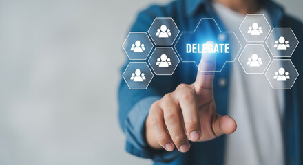 Business process delegation concept person touching virtual screen to delegate task to team member