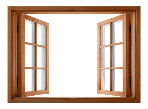 Traditional wooden double window with open glass panes, isolated on transparent background