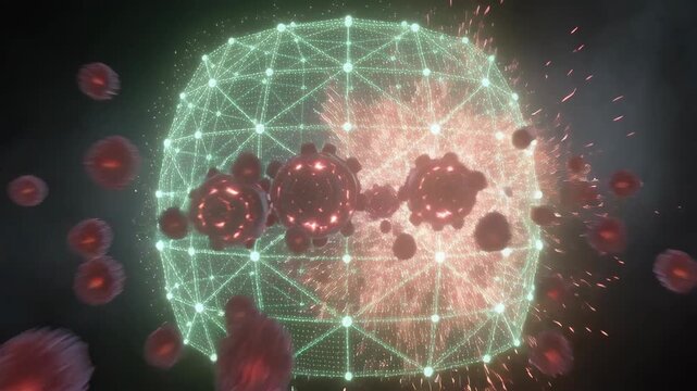 Digital virus cell attacking a glowing green network sphere, illustrating immunity and defense systems. Medical concept.