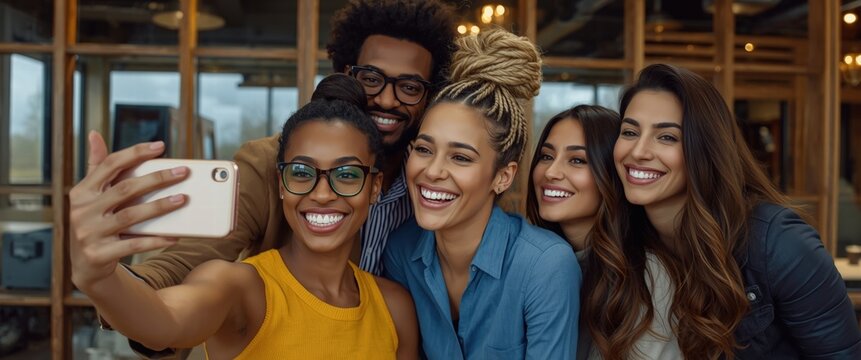 Group of happy people taking a selfie together is suitable for social media promotion, teamwork concept, and lifestyle blog content. Joyful moment captured.