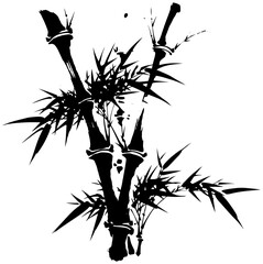 Tall upright bamboo trunks rising vertically with delicate leaf accents, handcrafted with traditional ink wash technique to evoke calm Zen-style garden atmosphere © SaiKir