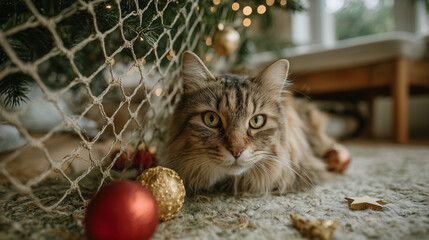 Domestic cat with striking green eyes is lounging near a decorated Christmas tree, surrounded by colorful ornaments and festive decorations, creating a cozy holiday atmosphere