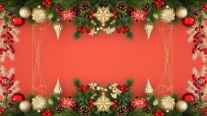 Festive christmas garland border with red baubles and golden ornaments on a red background