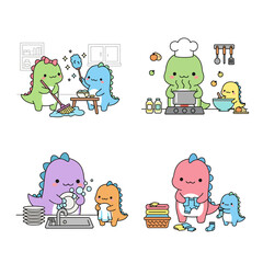 Pastel kawaii cute dino family cartoon colours doing chores domestic life a mom and child