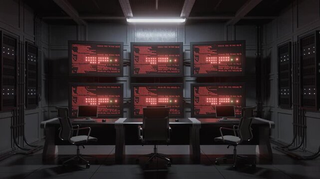 Command center control room with multiple monitors displaying red data code and server rack infrastructure.