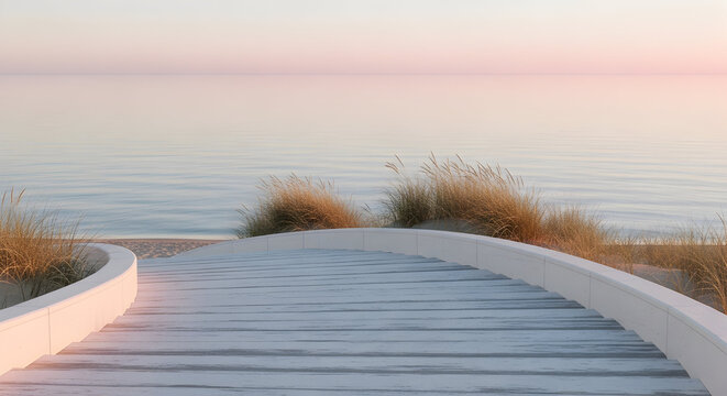 "Serene Coastal Boardwalk at Sunset – Pastel Beach Pathway to Ocean" - Powered by Adobe