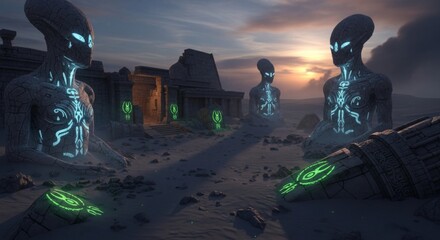 Ancient alien statues glowing in desert landscape