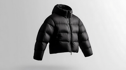 Showcasing a sleek black puffer jacket, suspended mid-air against a soft gray backdrop, epitomizing modern style and functional design for ultimate comfort and warmth.