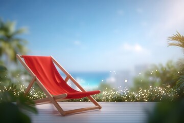 Fototapeta premium Wooden deck with a bright red canvas beach chair overlooks blue sea and sky in tropical setting