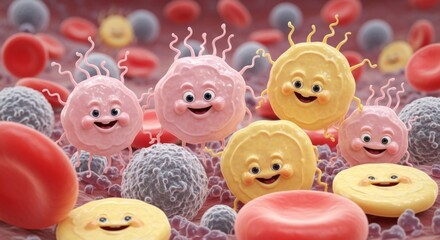 Cartoon blood cells with smiling faces and wavy appendages