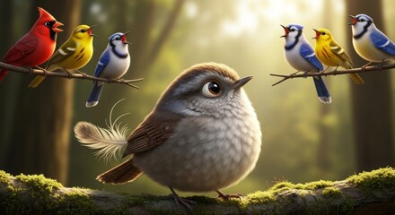 Cartoon birds perched on branches in lush forest