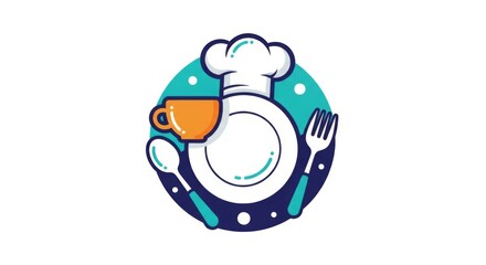 Chef hat with plate, spoon, fork and cup illustration