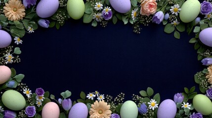 Pastel Easter eggs and springtime flowers border a dark blue textured background copy space