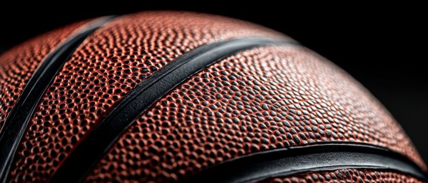 Extreme close up texture of a brown basketball surface featuring raised dimples and black seams against black