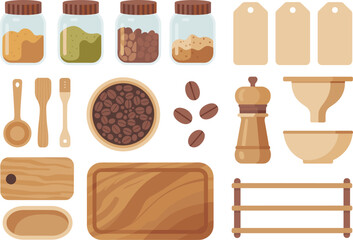 Flat kitchen utensils and ingredient containers illustration set, wooden tools, spice jars, cooking accessories, culinary elements for home kitchen design