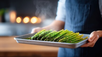 Freshly cooked asparagus on a metal tray held by a chef in a dark kitchen, with warm ambient lighting creating a cozy atmosphere for culinary presentation