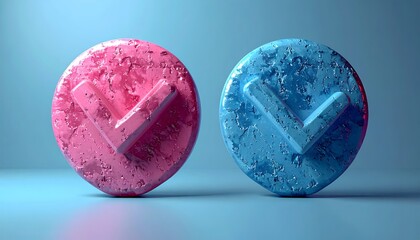 Two textured circular objects, one pink and one blue, each with a checkmark symbol, standing upright on a matching blue surface.