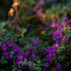 Fototapeta premium Two brilliant green hummingbirds hover near deep purple flowering bushes in a soft natural setting