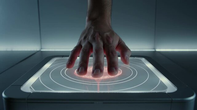 Mans hand scanning on a futuristic glowing display. Biometric recognition technology concept. Security access with digital interface.